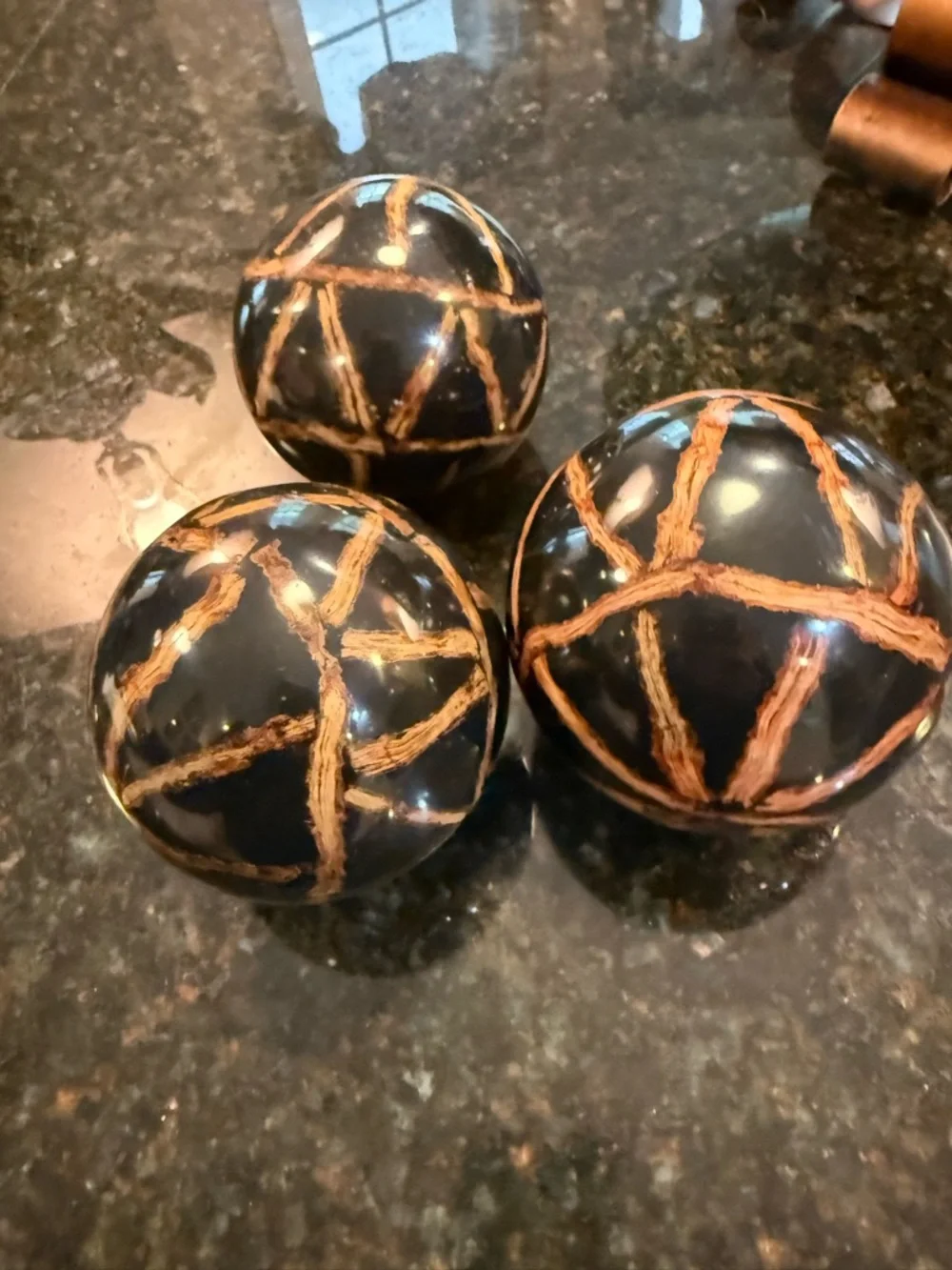 Hammered Copper Decorative Bowl Filler Balls, Black Bamboo & Wrapped Vines Orbs